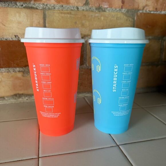 2 - Starbucks Reusable Grande 16 oz Hot Cold Cup Cups Bright Orange Baby Blue - Picture 13 of 13